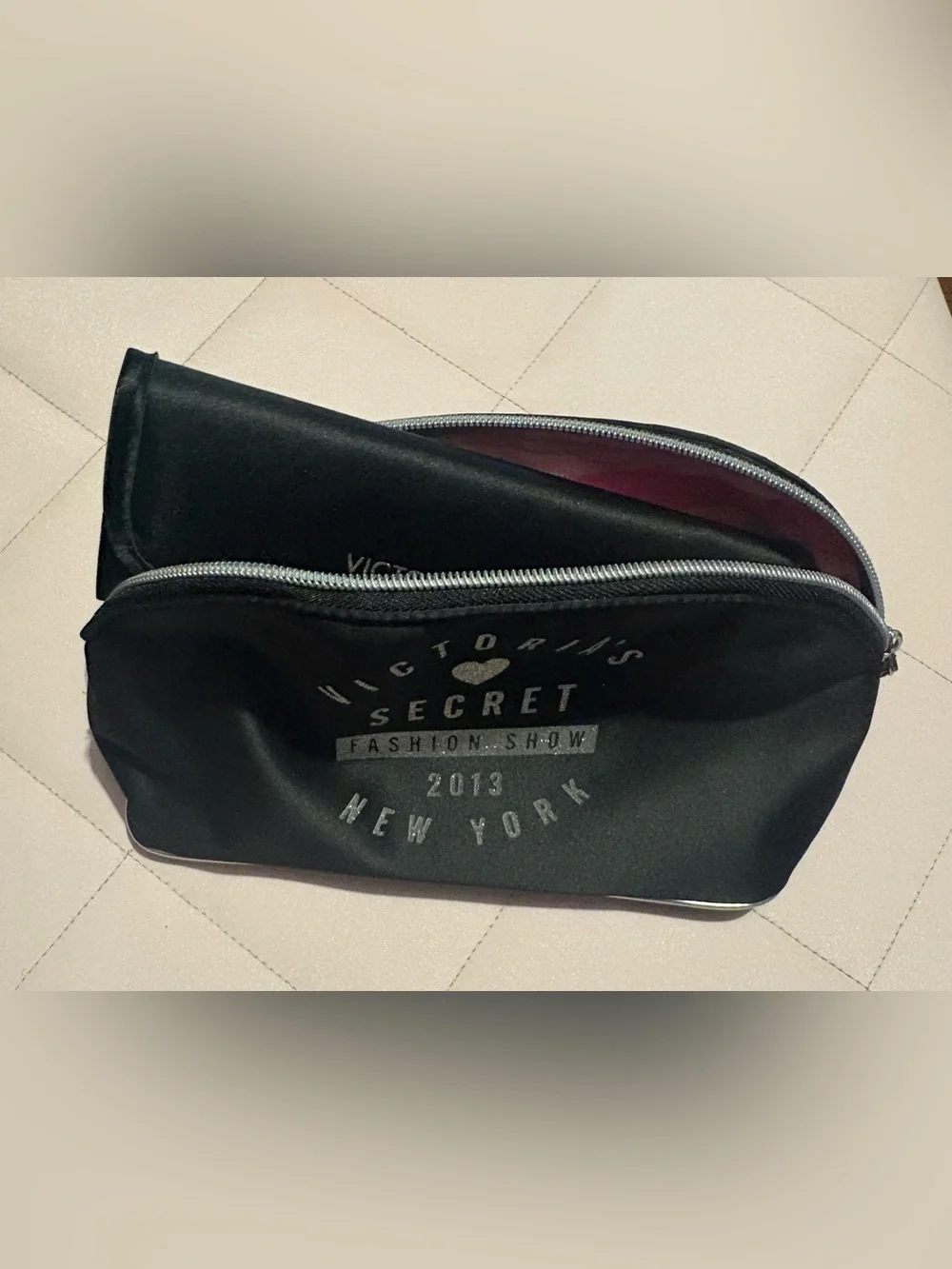 Victoria's Secret Black Cosmetic Pouch with Pink Striped Interior & Brush Trio